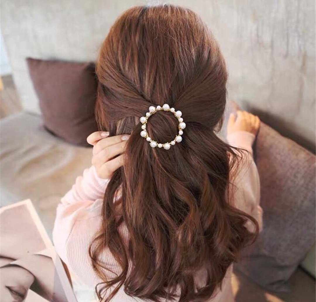 ANNACREATIONS Korean Style Gold Metal Pearl Geometric Stone Lock Hair Pins Hair Clip Hair Accessories Jewellery for Women And Girls (Pack of 6 Pcs)