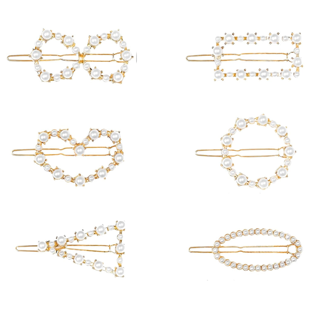 ANNACREATIONS Korean Style Gold Metal Pearl Geometric Stone Lock Hair Pins Hair Clip Hair Accessories Jewellery for Women And Girls (Pack of 6 Pcs)