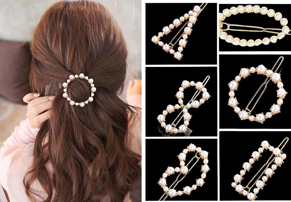 ANNACREATIONS Korean Style Gold Metal Pearl Geometric Stone Lock Hair Pins Hair Clip Hair Accessories Jewellery for Women And Girls (Pack of 6 Pcs)