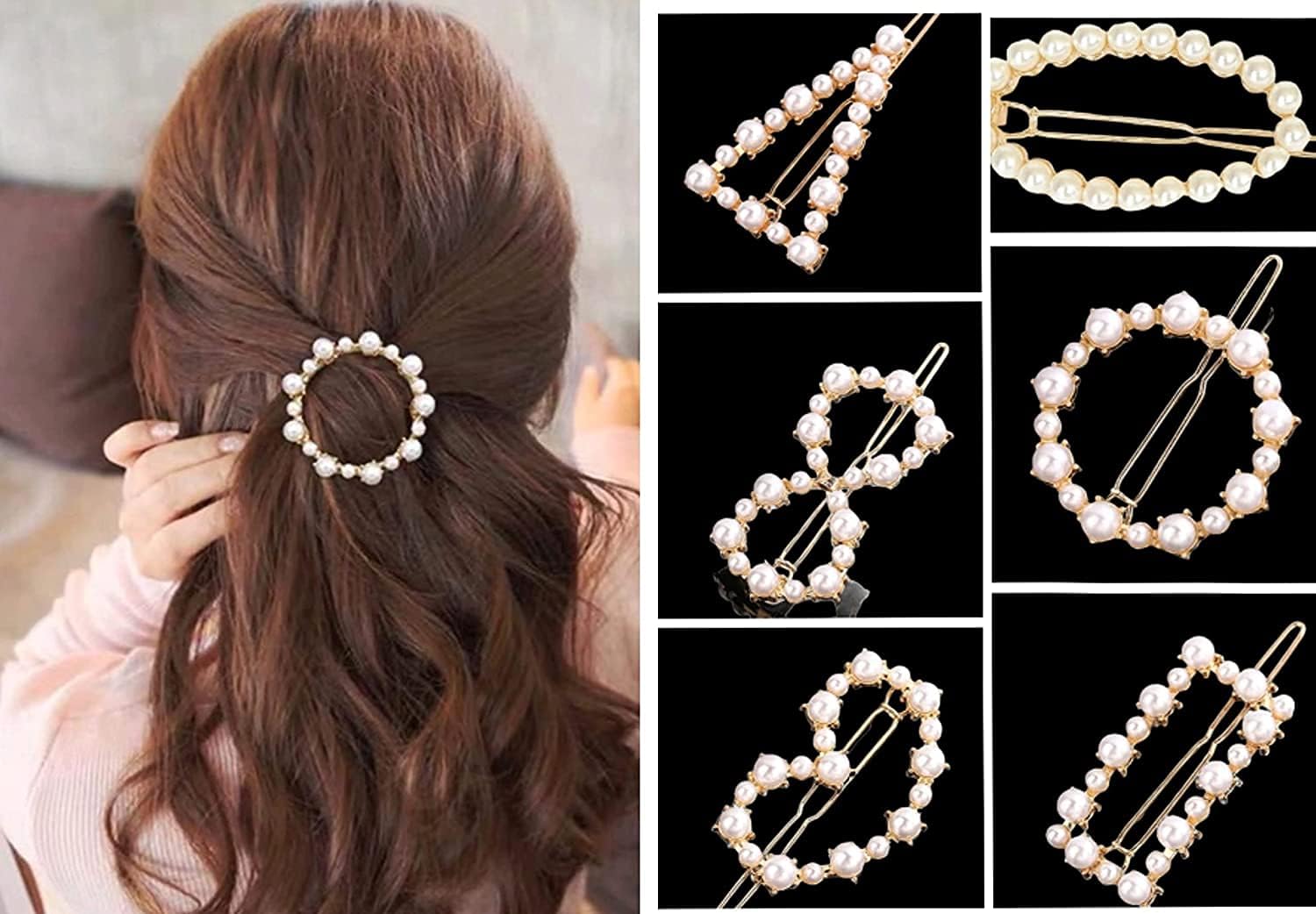 ANNACREATIONS Korean Style Gold Metal Pearl Geometric Stone Lock Hair Pins Hair Clip Hair Accessories Jewellery for Women And Girls (Pack of 6 Pcs)