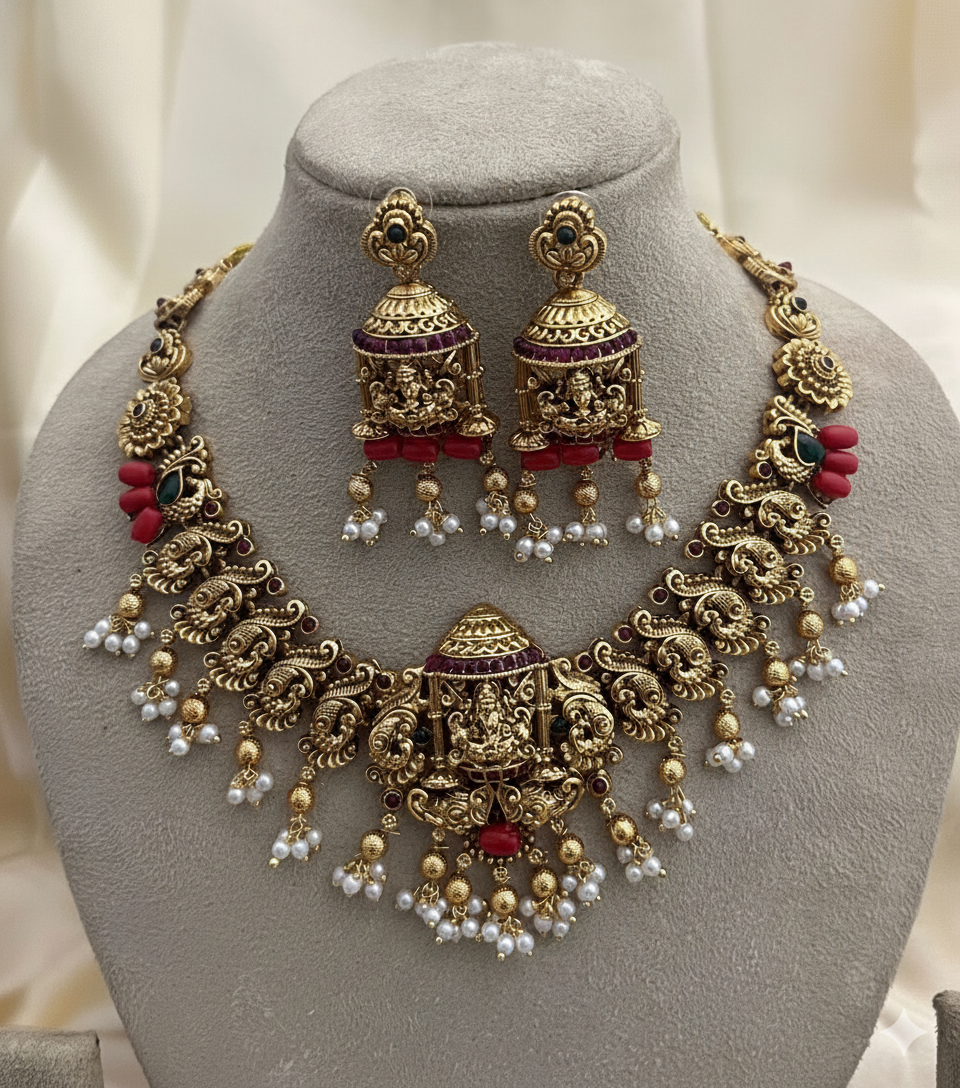 Antique Gold Temple Haram Choker Combo with Pearls