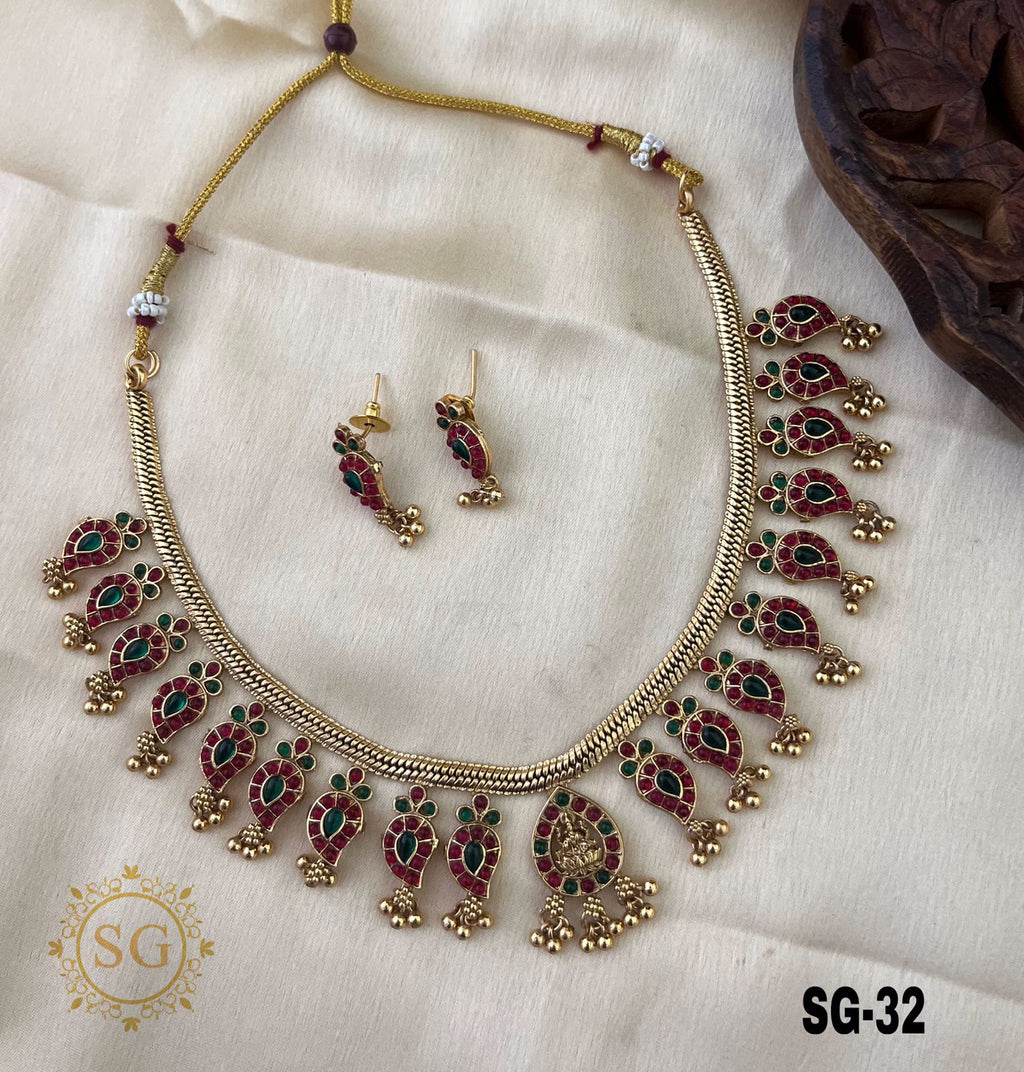 Traditional Red Stone Mango Design Choker Set with Goddess Pendant