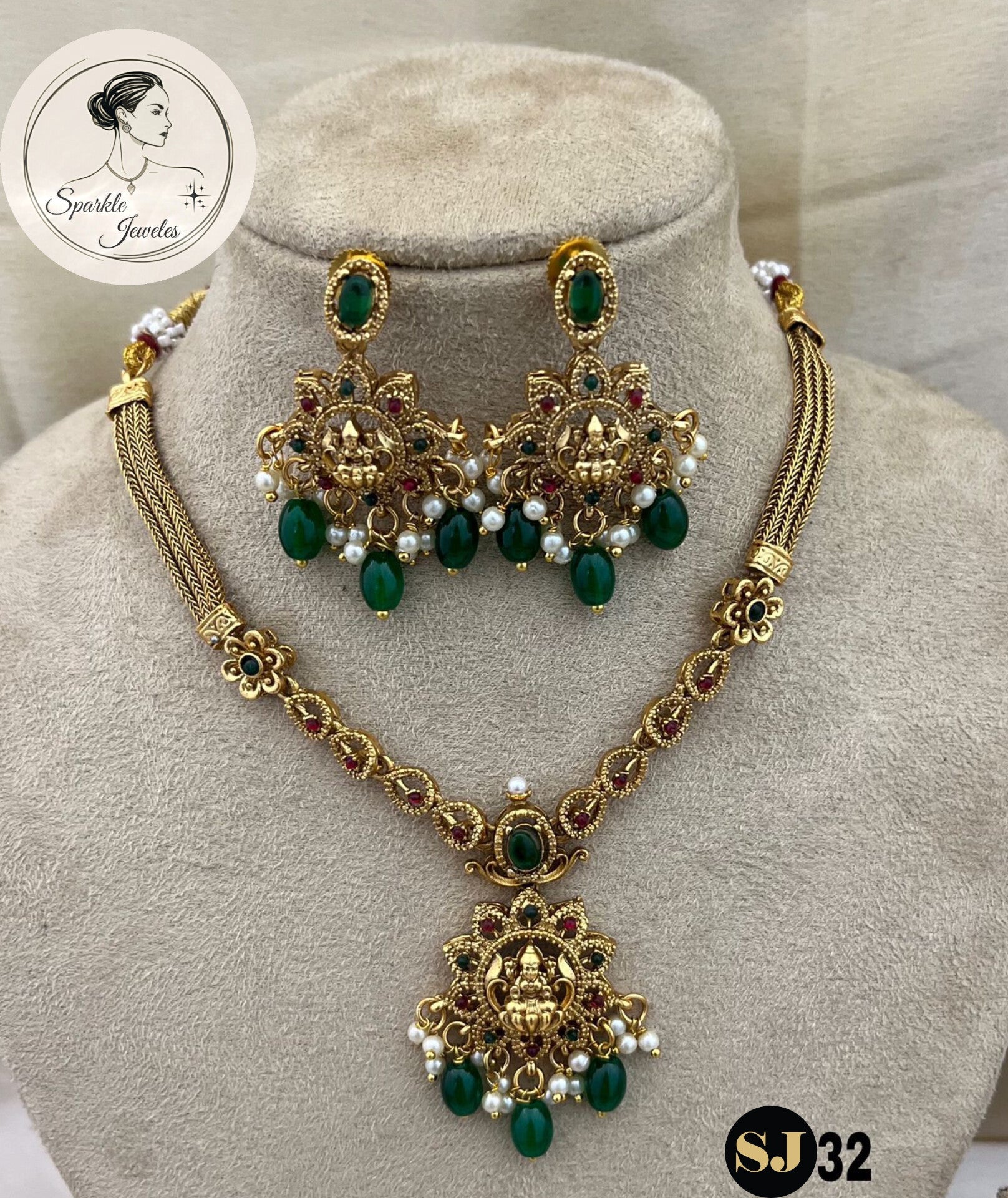 Matte Gold Floral Lakshmi Necklace Set (Emerald Green)