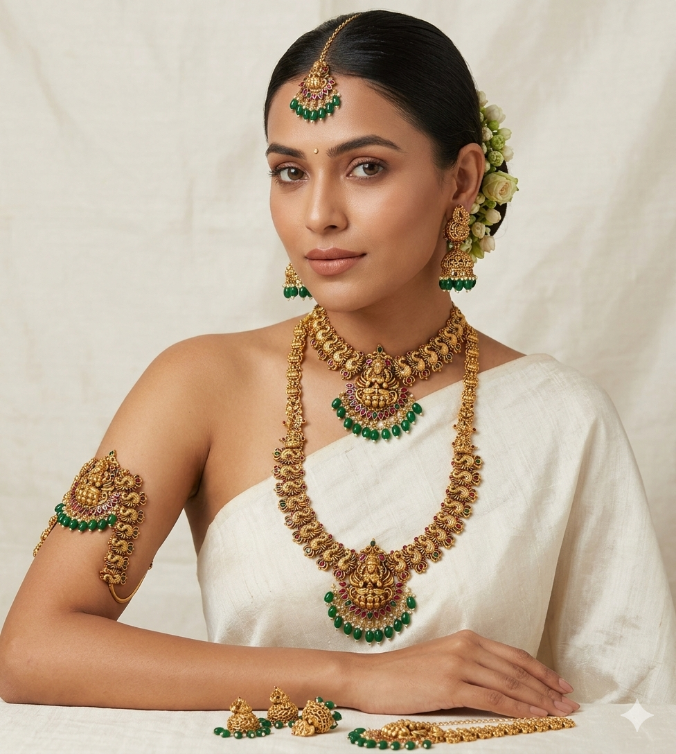 Mahalakshmi Antique Temple Haram Set with Emerald Drops