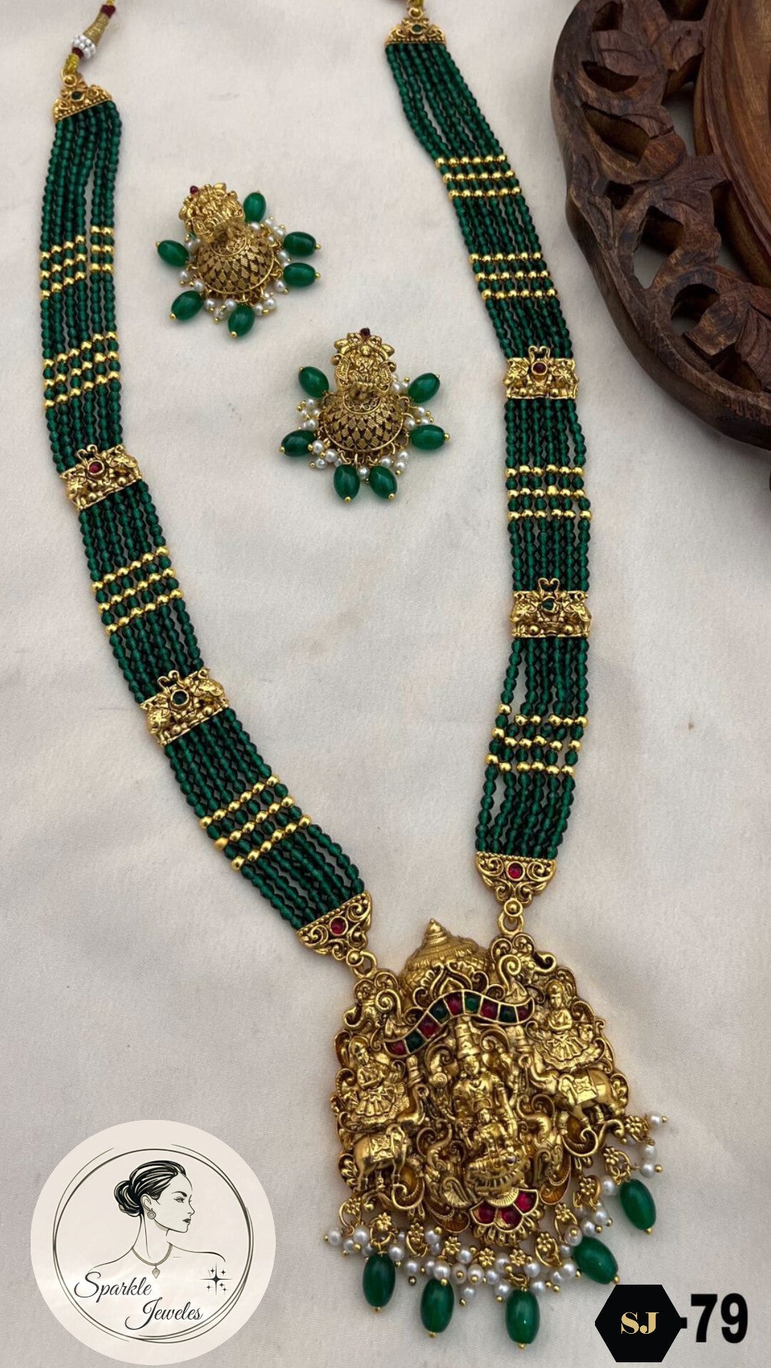Bottle Green beads necklace lakshmi pendent with Jhumka set SJ Code 79