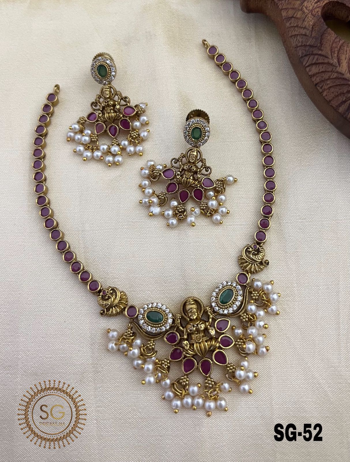 Pearl - Ruby & Green Stone Lakshmi Temple Jewellery Set