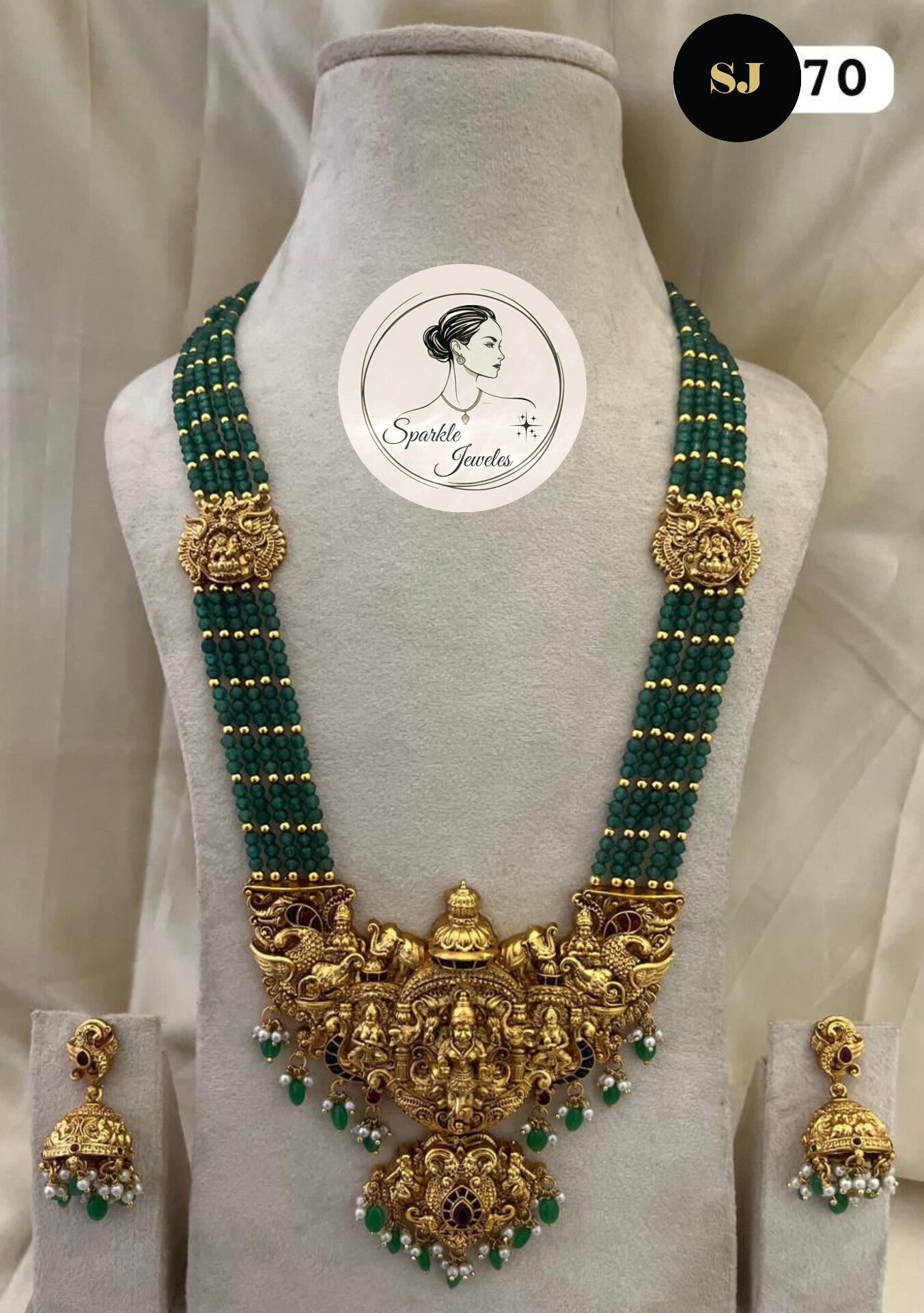 Traditional South Indian Wedding Jewelry: Green Bead Mala with Antique Lakshmi Pendant