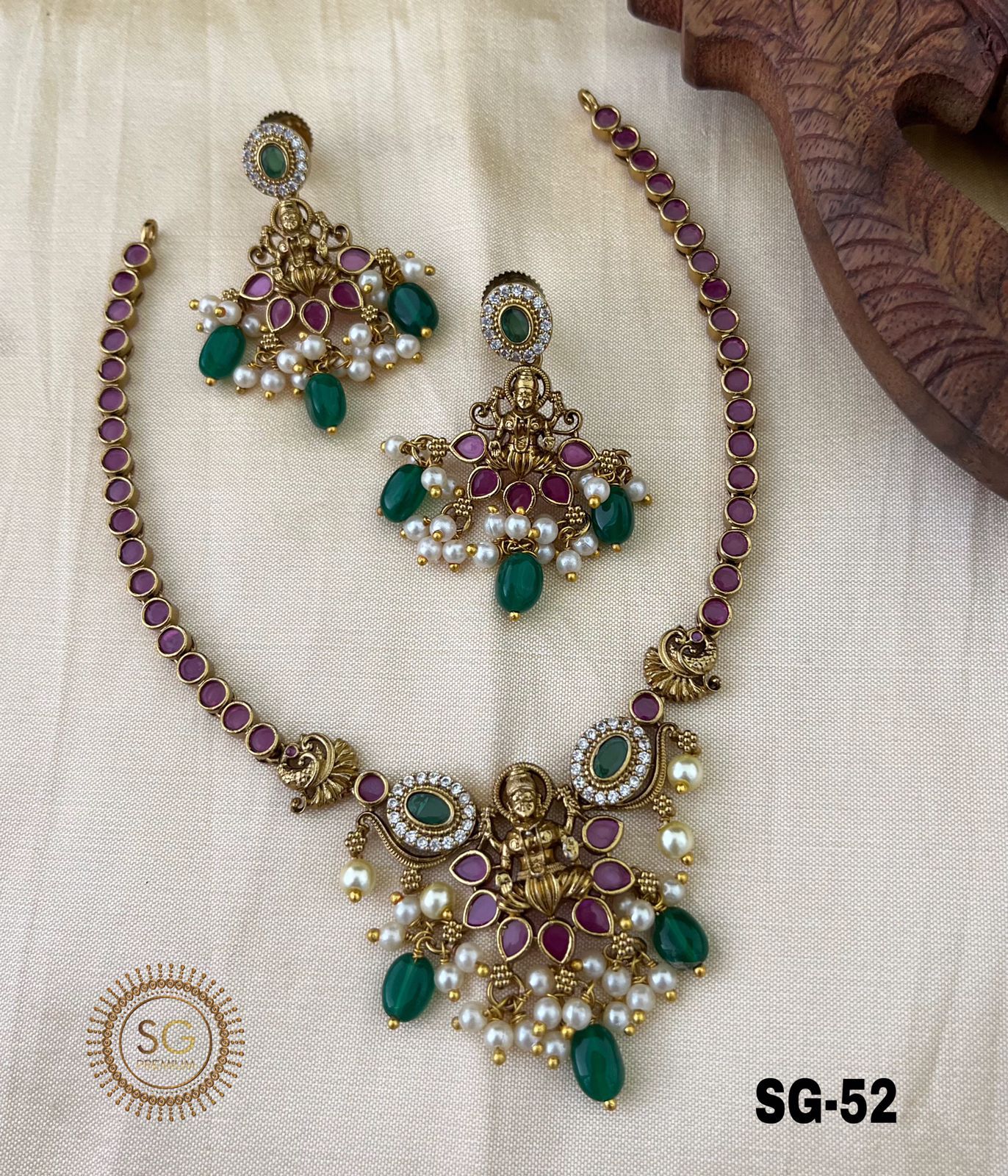 Pearl - Ruby & Green Stone Lakshmi Temple Jewellery Set