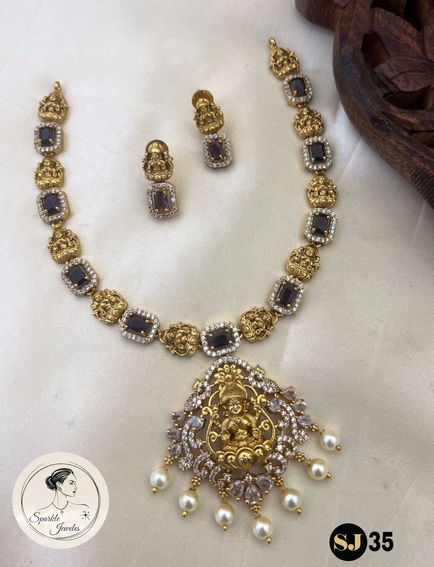 Antique Gold Lakshmi Temple Jewelry Set with AD & Smoky Brown Stones