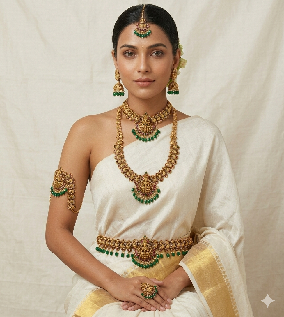 Mahalakshmi Antique Temple Haram Set with Emerald Drops