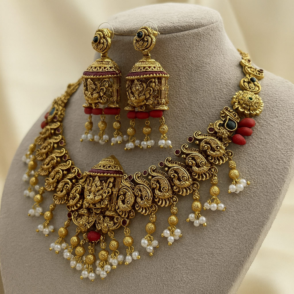 Antique Gold Temple Haram Choker Combo with Pearls