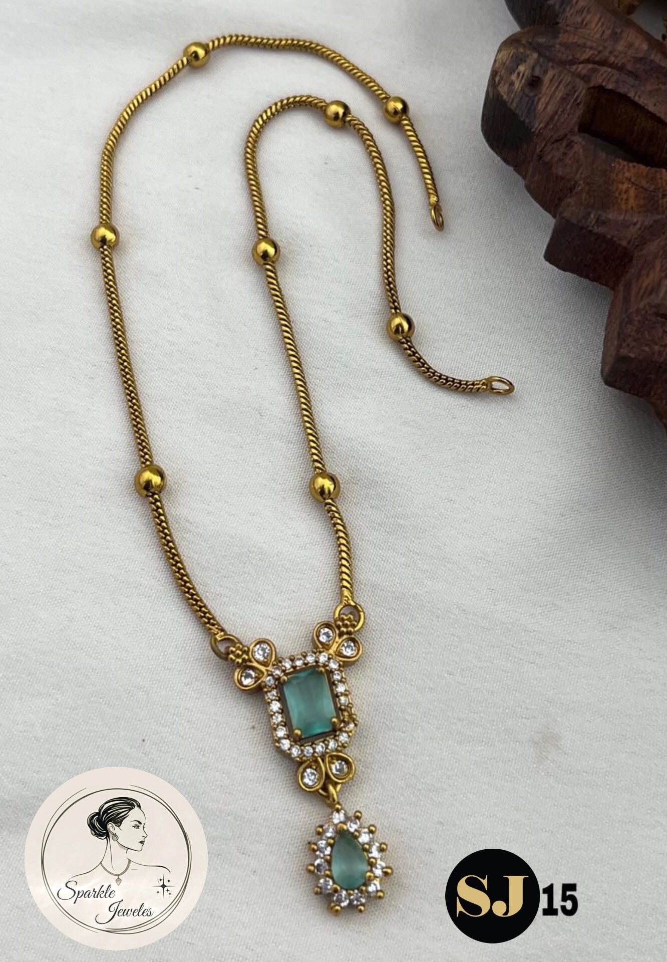 Simple AD Pendant Necklace with Pastel Green Stone | Daily Wear