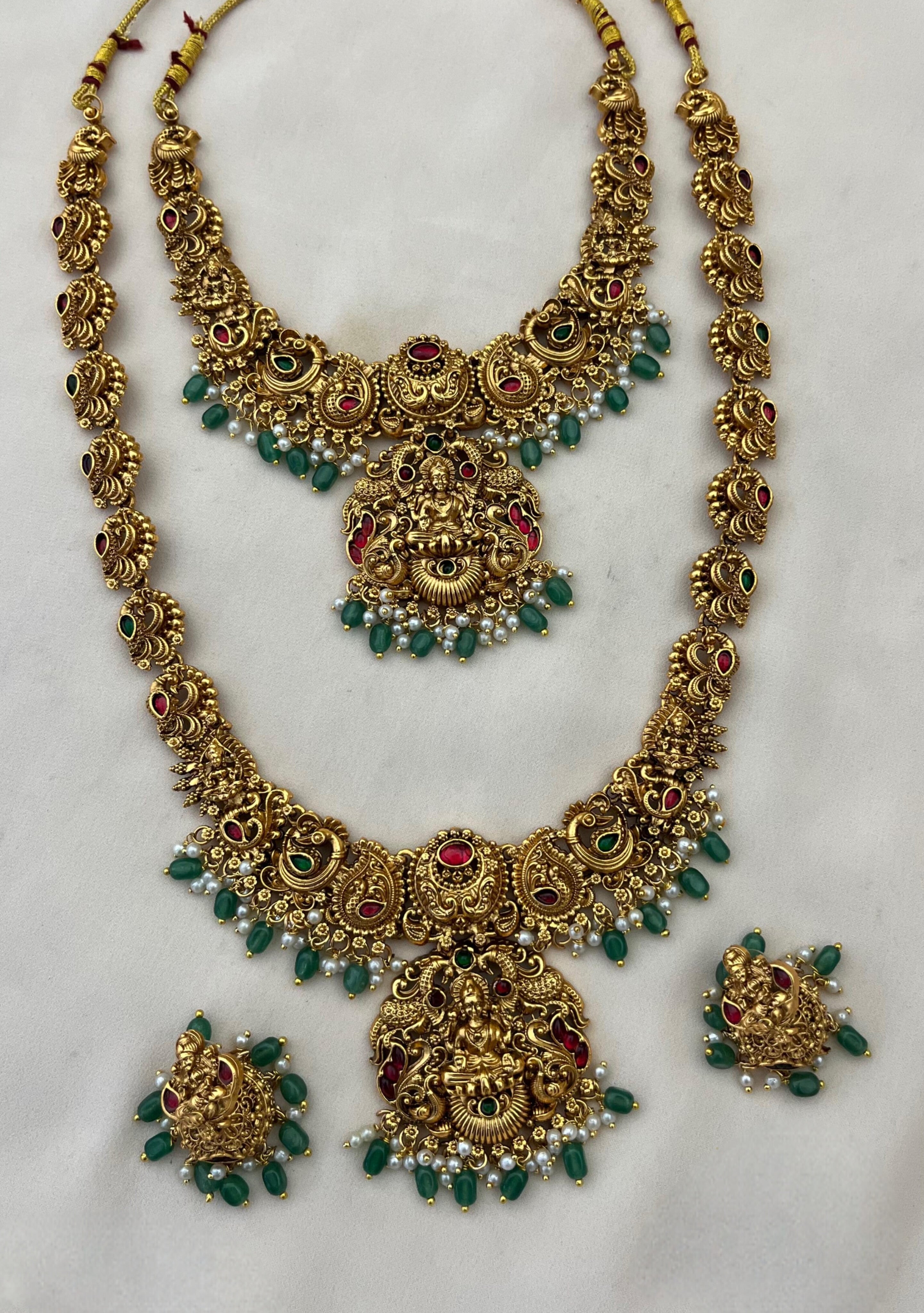 Mahalakshmi Antique Temple Haram Set with Emerald Drops