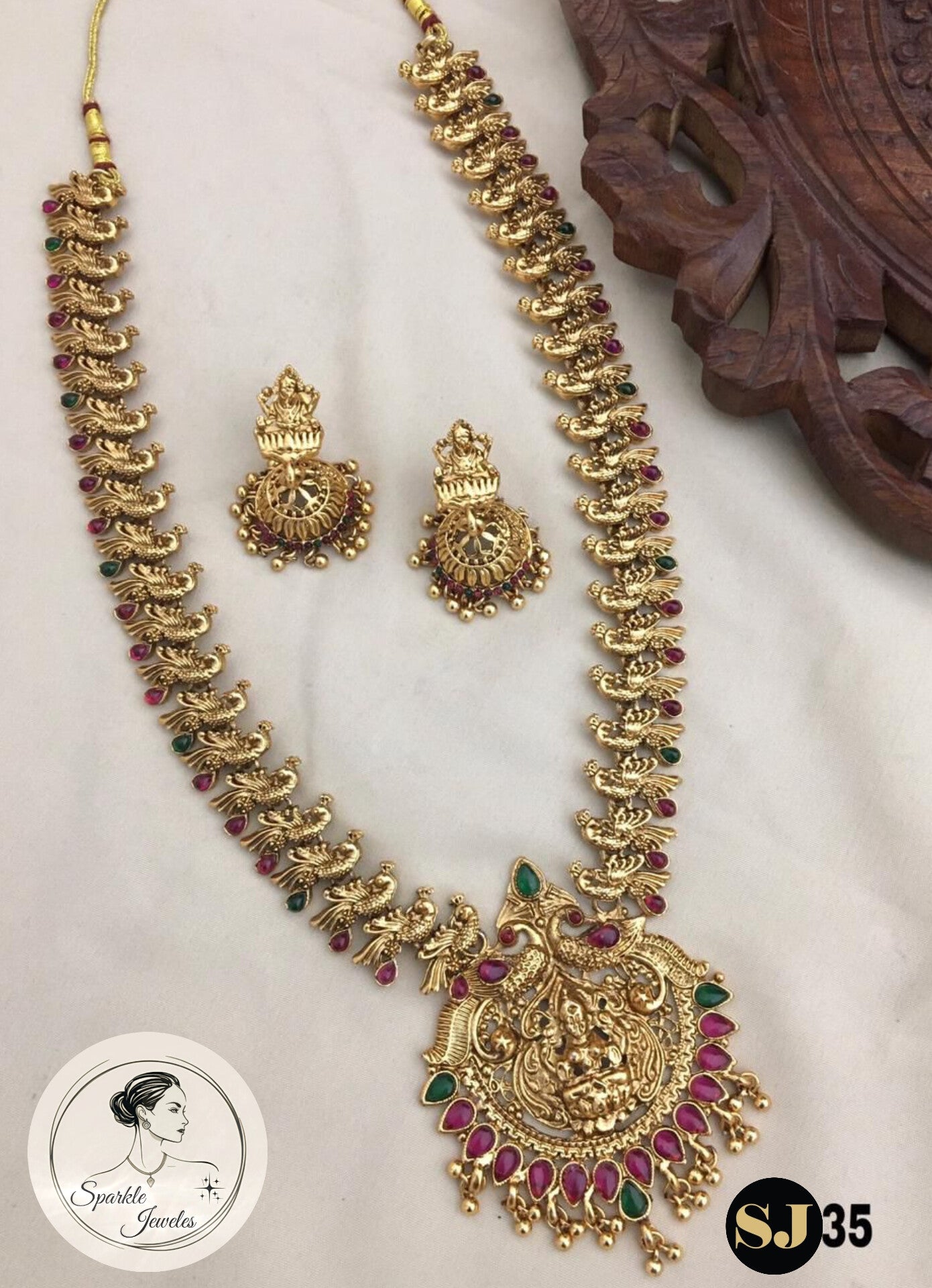 Antique Peacock Haram Set with Grand Lakshmi Pendant & Kemp Stones