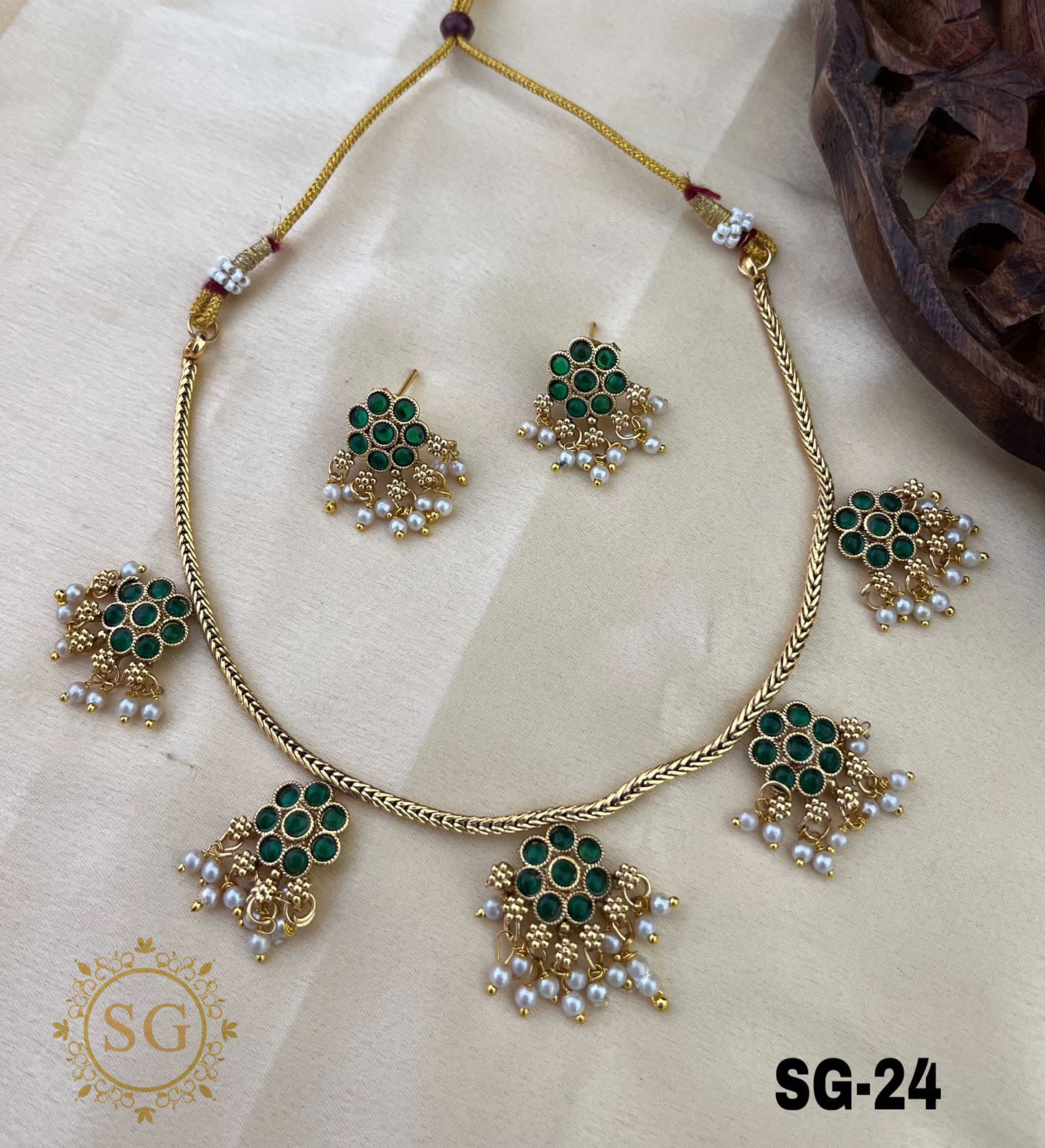 Traditional Kemp Stone Choker Necklace Set with Pearl Drops | South Indian Temple Jewellery