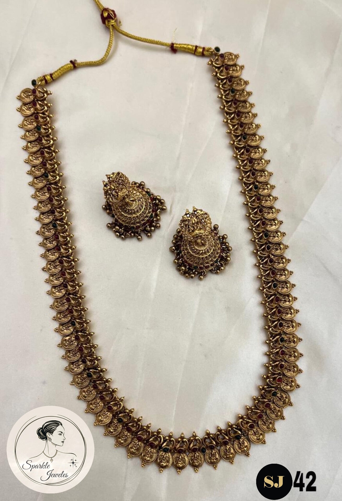 Temple Jewellery Kasulaperu (Coin Necklace) with Kemp Stones