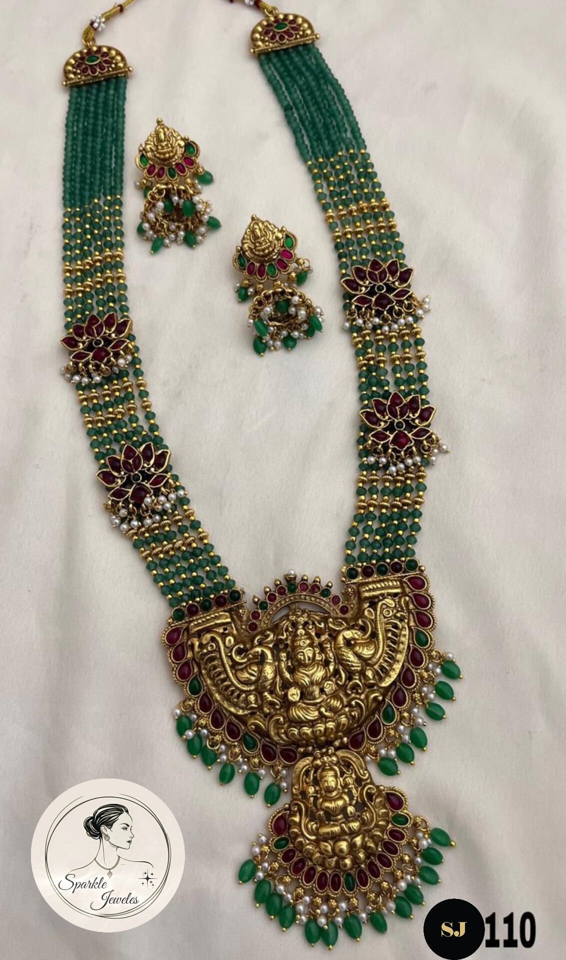 Grand Multi-Layer Emerald Green Bead Haram | Antique Lakshmi Temple Jewelry Set