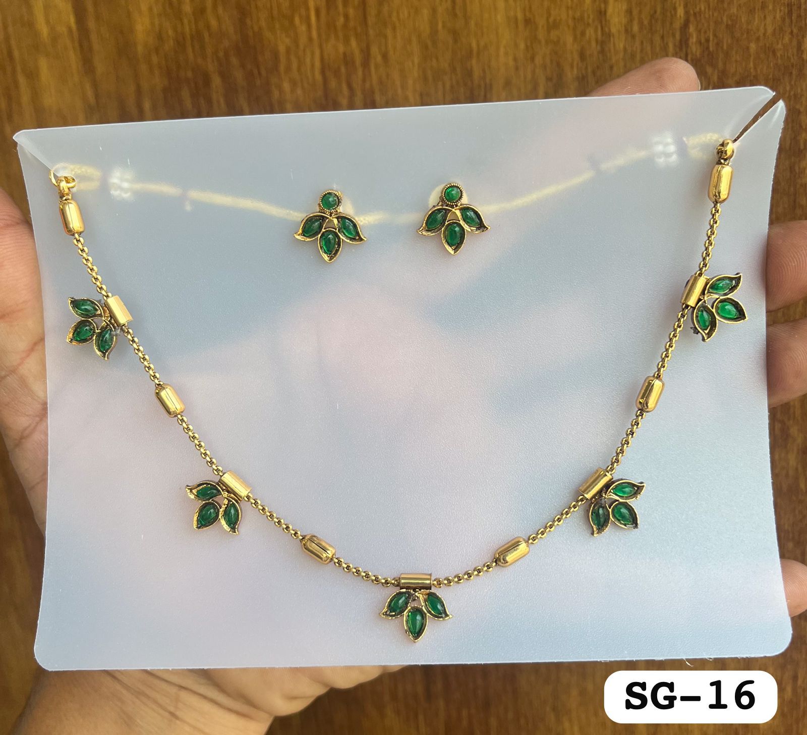 Elegant Faux Emerald Cluster Necklace and Stud Set | Daily Wear