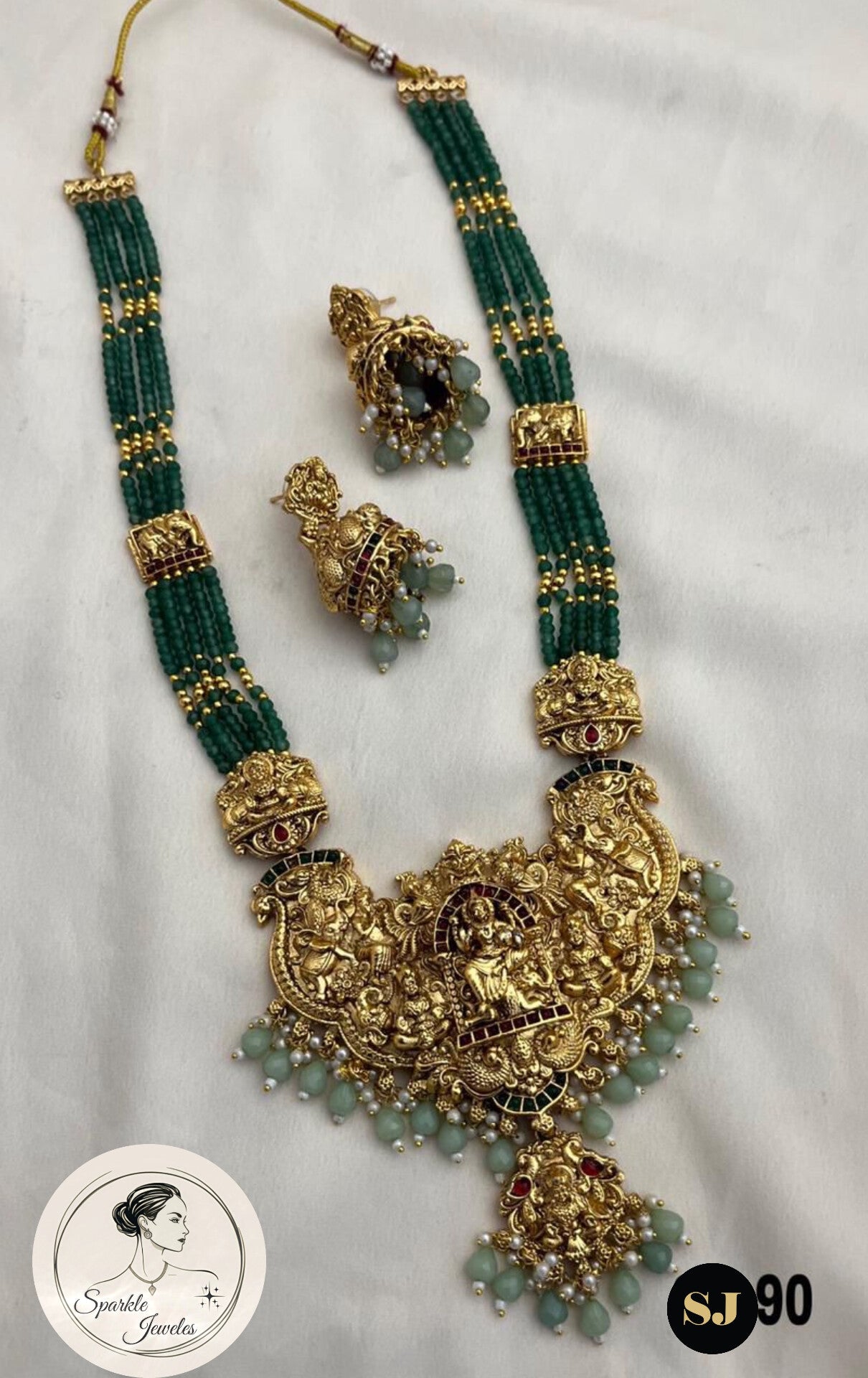 Majestic Antique Temple Jewellery Set - Dark Green Crystal Beads & Goddess Pendant
