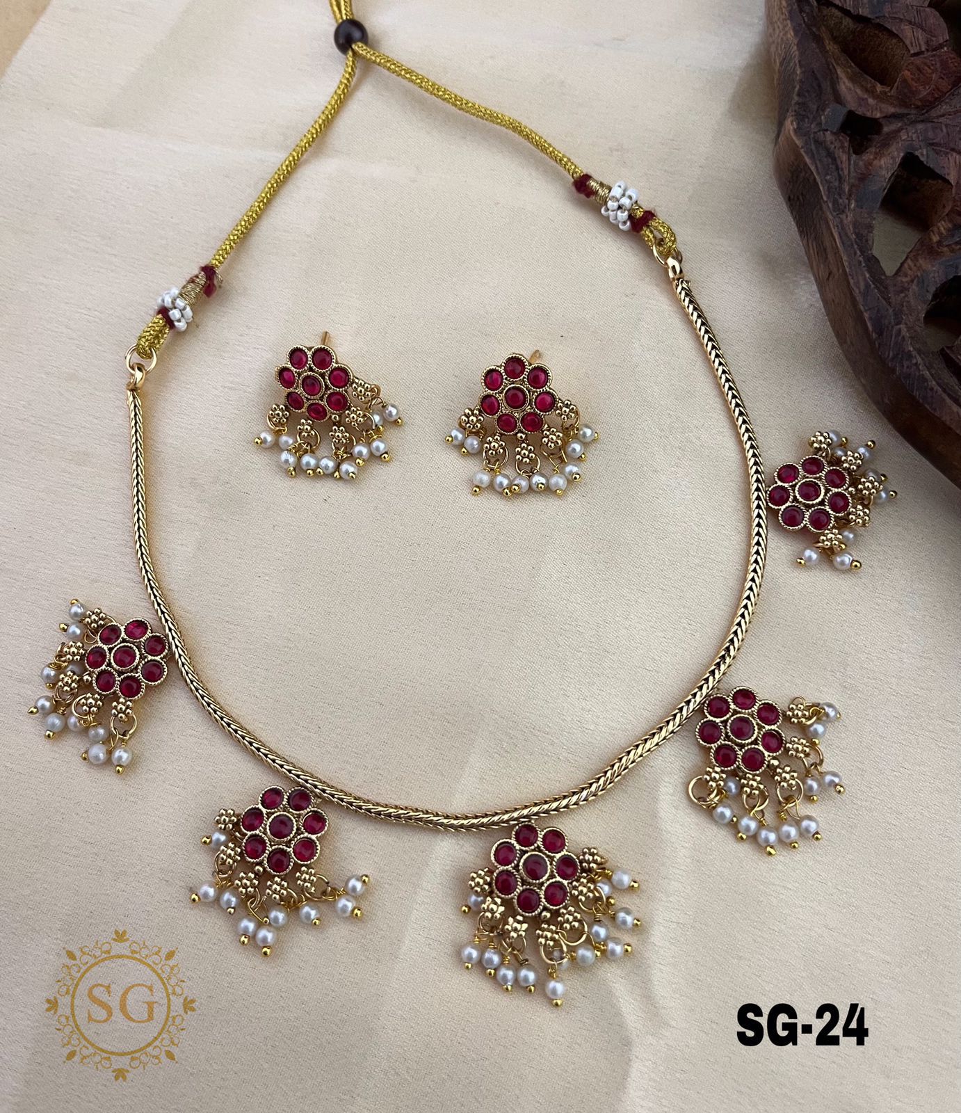 Traditional Kemp Stone Choker Necklace Set with Pearl Drops | South Indian Temple Jewellery