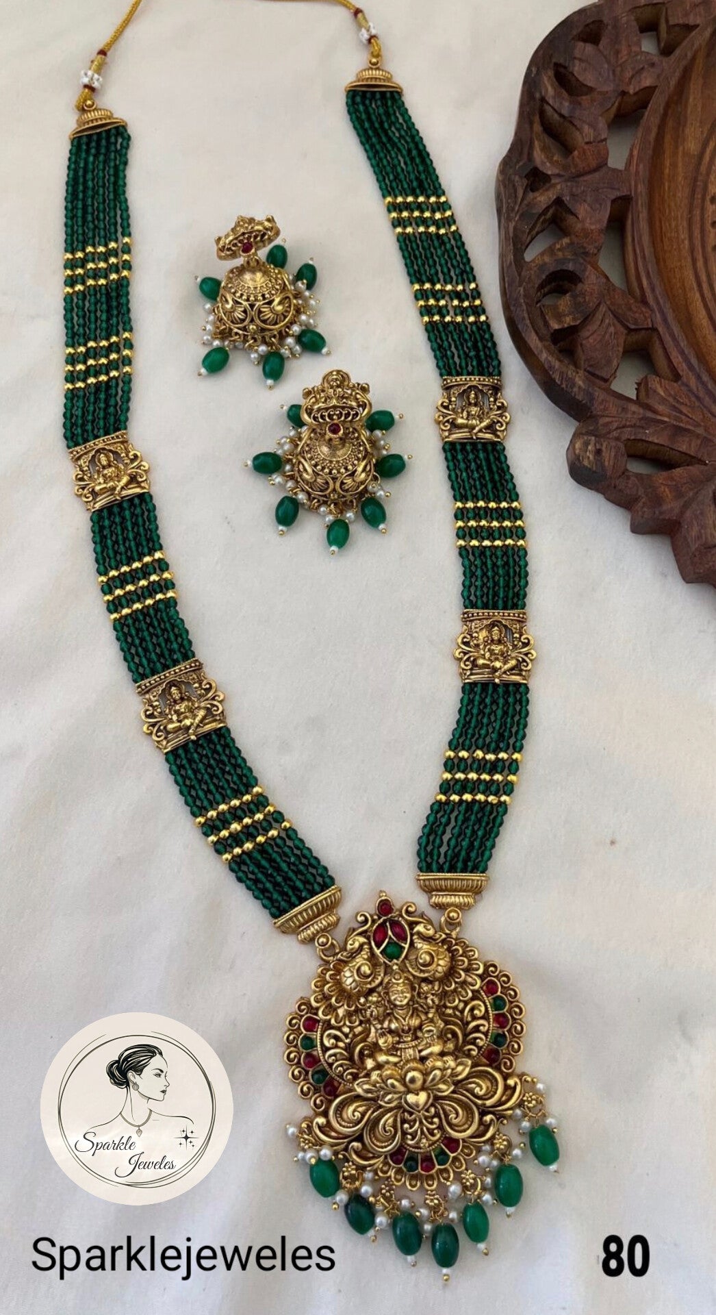 Green Beads Long antique Lakshmi haram Set Premium Gold plated