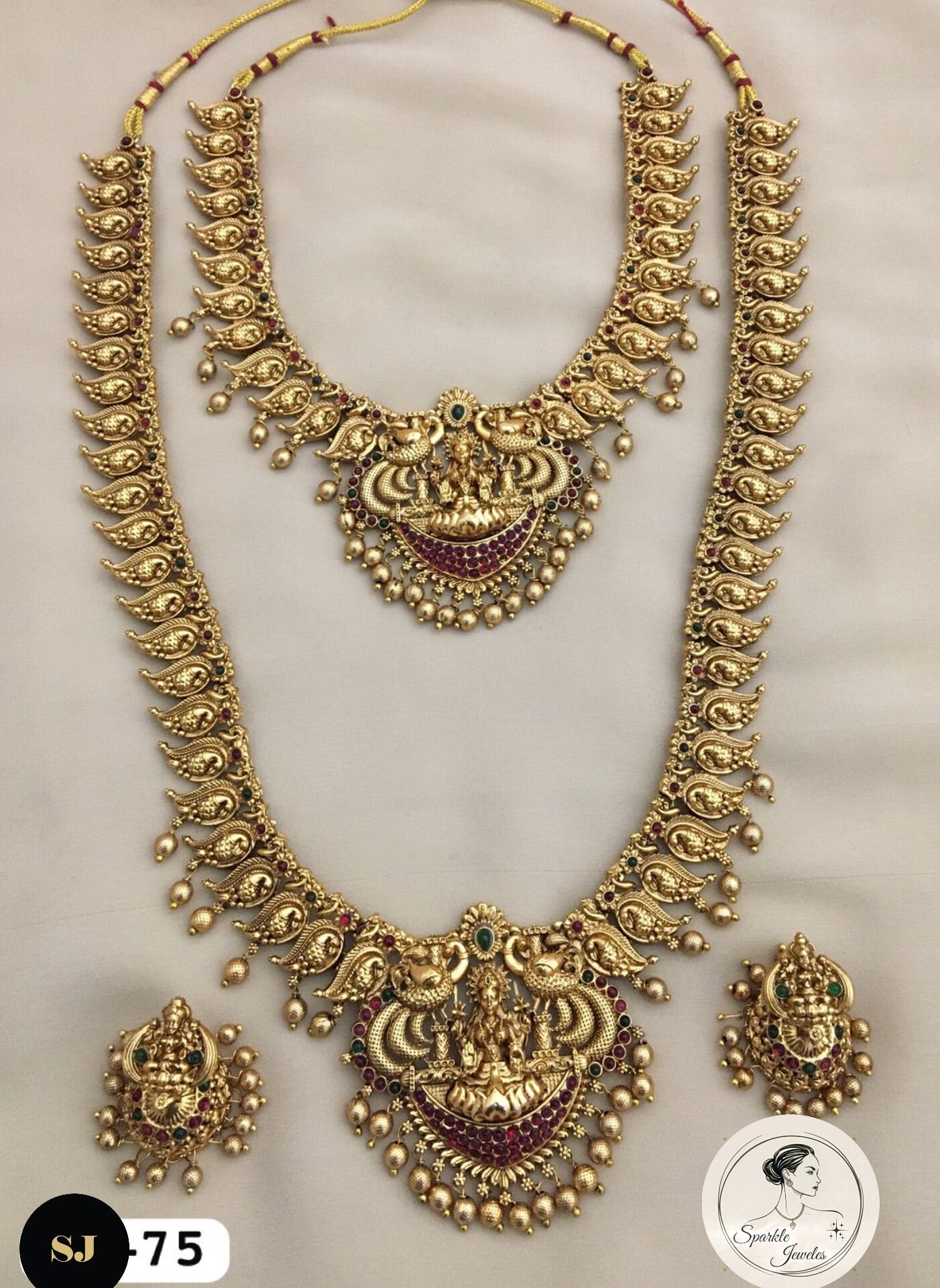 Antique Lakshmi Temple Jewellery Set | Matte Gold Plated Kemp Stone Haram & Choker Combo for Women