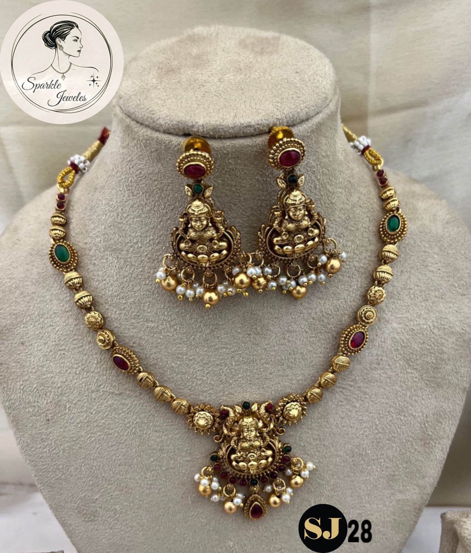 Matte Gold Lakshmi Kemp Stone Necklace Set (South Indian Style)