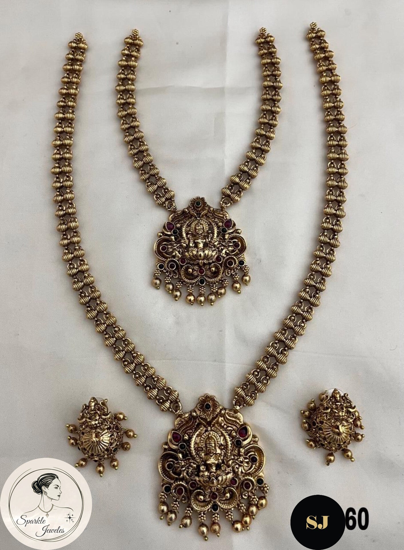Traditional Antique Temple Jewellery Set – Lakshmi Design Long & Short Haram with Jhumkas | Sparkle Jewels SJ60