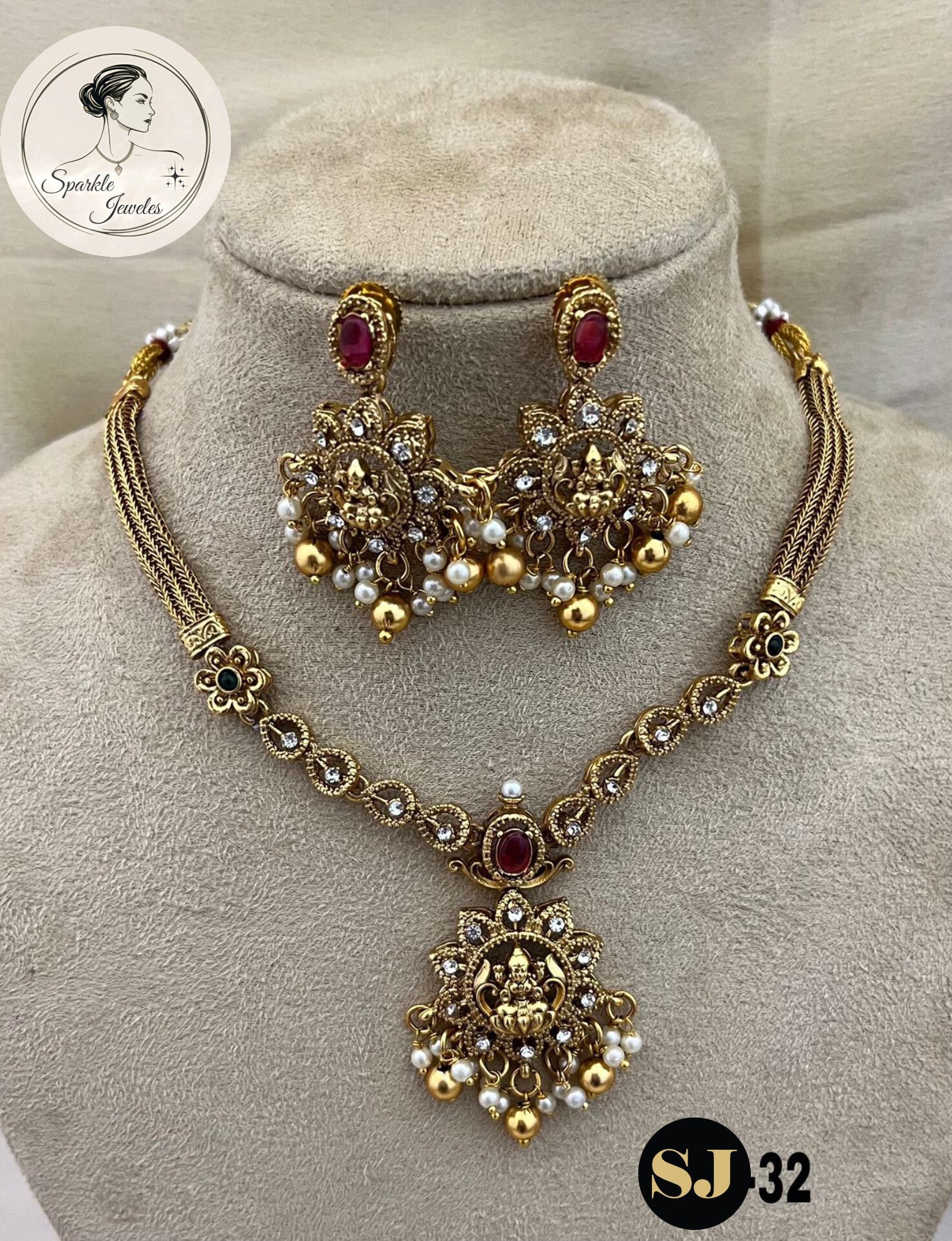 Matte Gold Lakshmi Kemp Stone Necklace Set (Floral Kundan & Pearl)