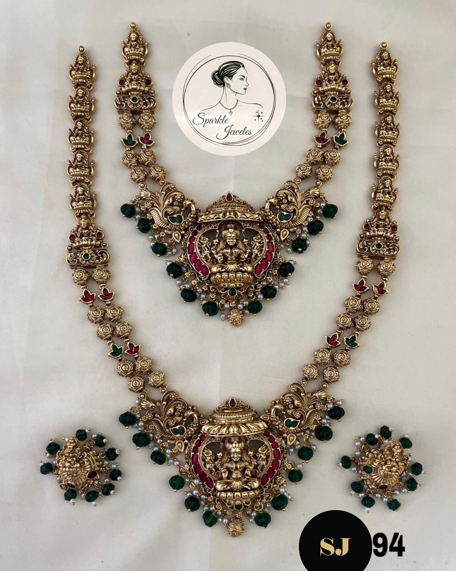 Antique Temple Jewelry Set – Lakshmi Design Gold Plated Necklace with Earrings | Sparkle Jewels SJ94