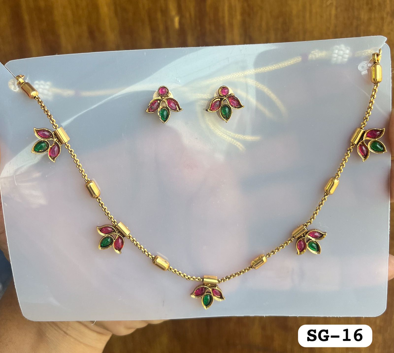 Minimalist Pink & Green Stone Leaf Necklace Set with Studs