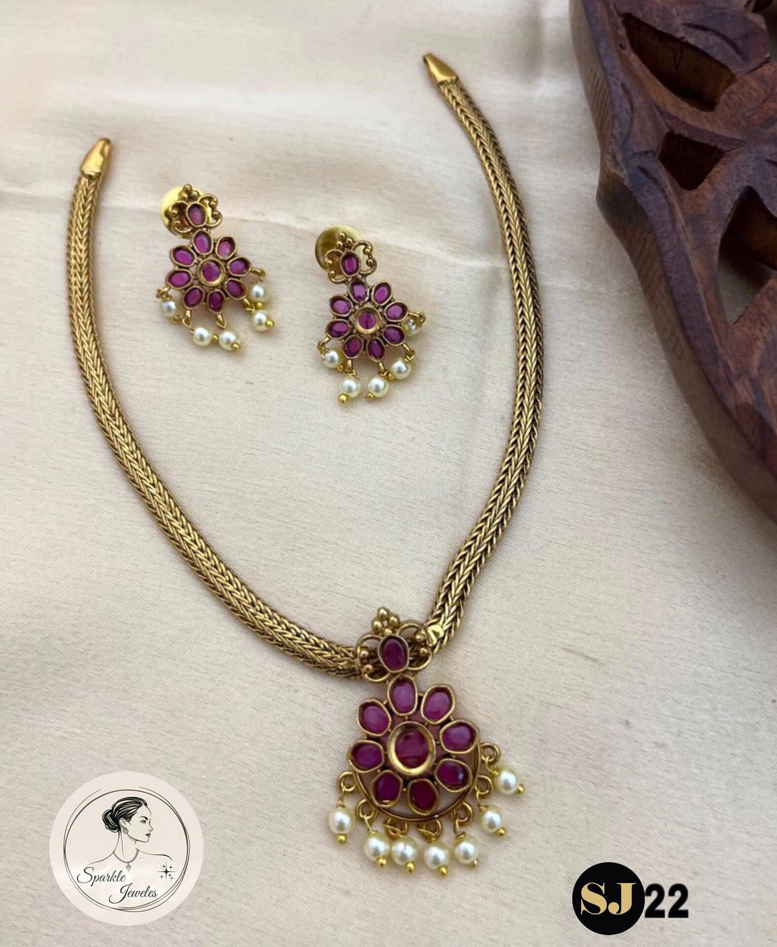 Floral Ruby Pendant Set with Matching Stud Earrings | Antique Gold Finish