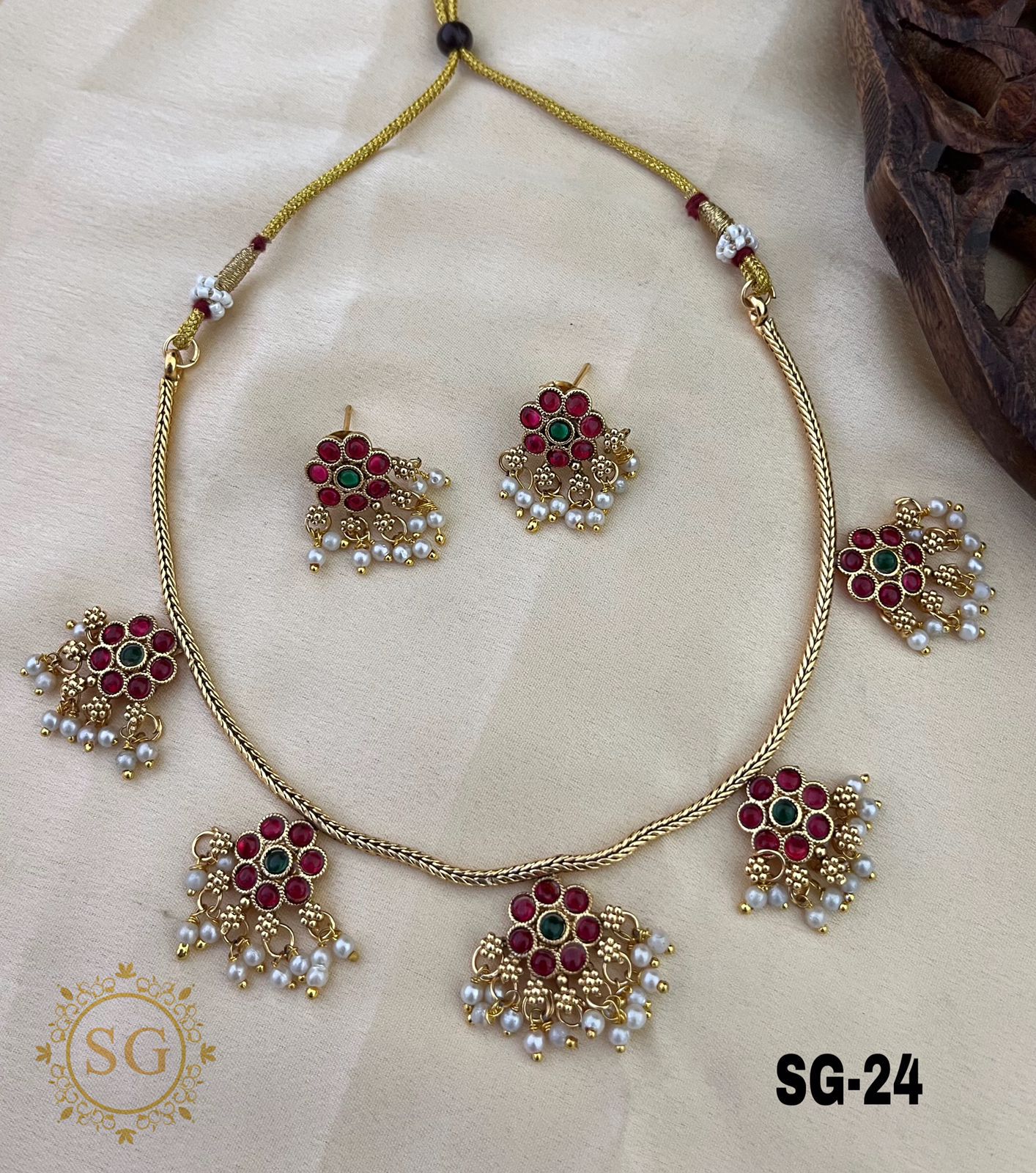 Traditional Kemp Stone Choker Necklace Set with Pearl Drops | South Indian Temple Jewellery