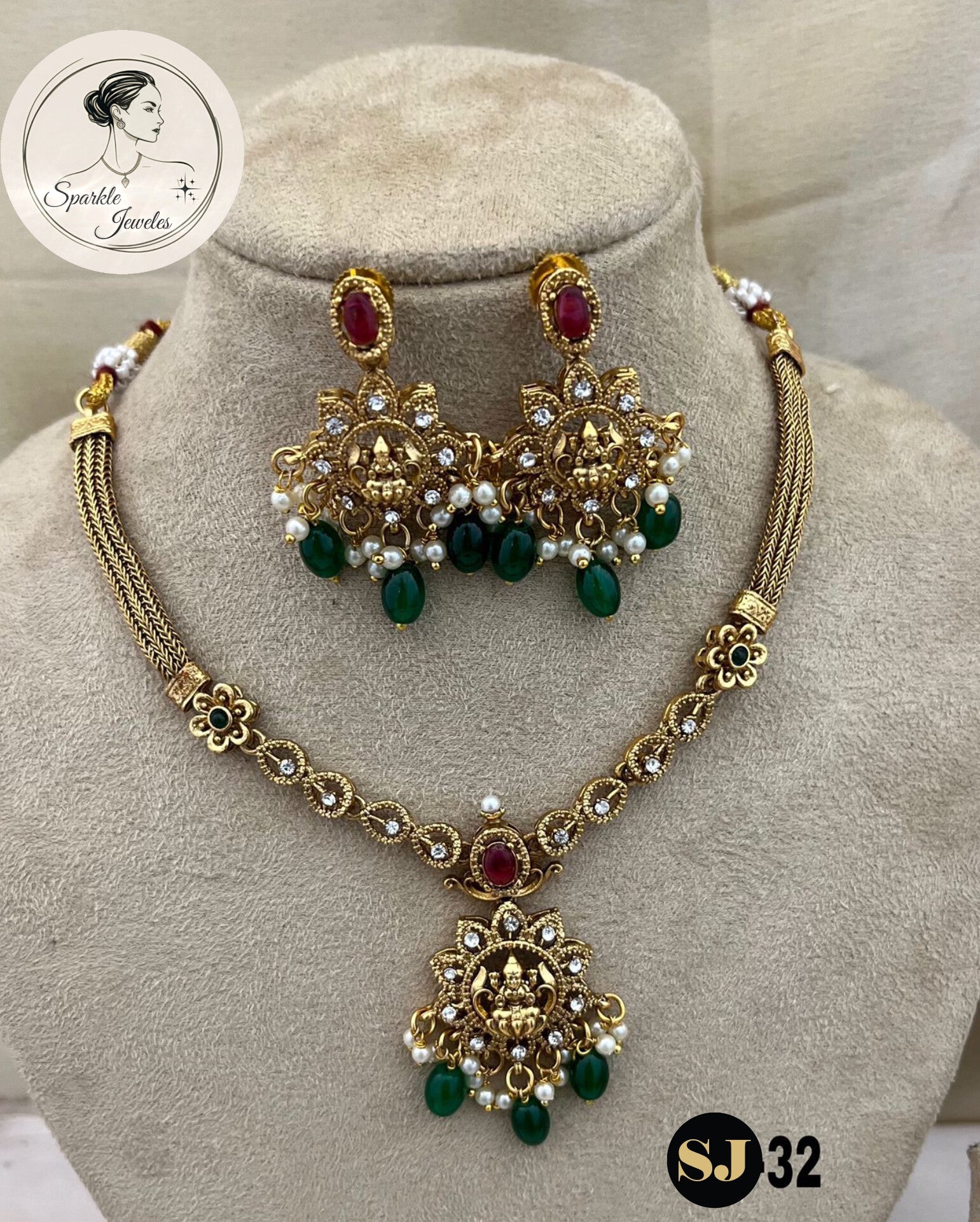 Matte Gold Lakshmi Kemp Stone Necklace Set (Floral Kundan Design)