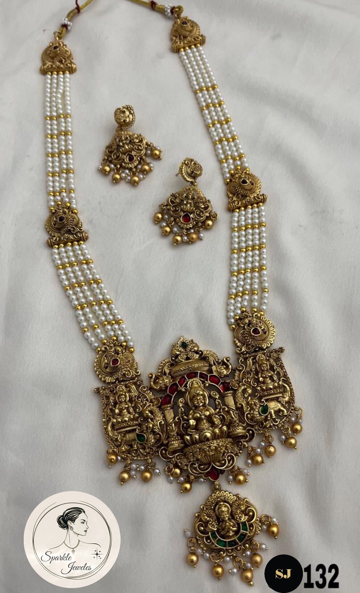 Traditional South Indian Guttapusalu Style Long Pearl Necklace and Earring Set