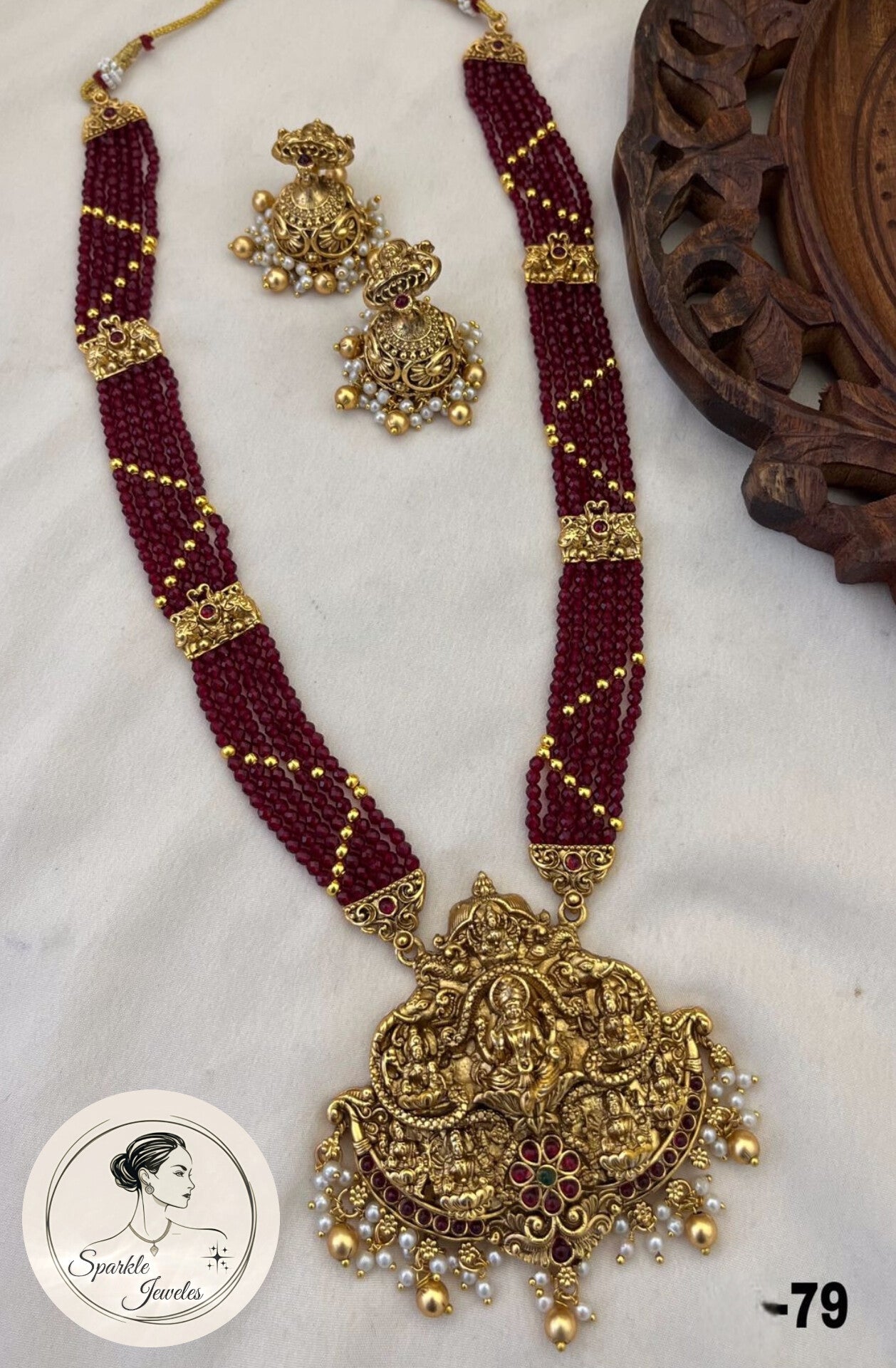 Red ruby colour crystal beads Lakshmi haram