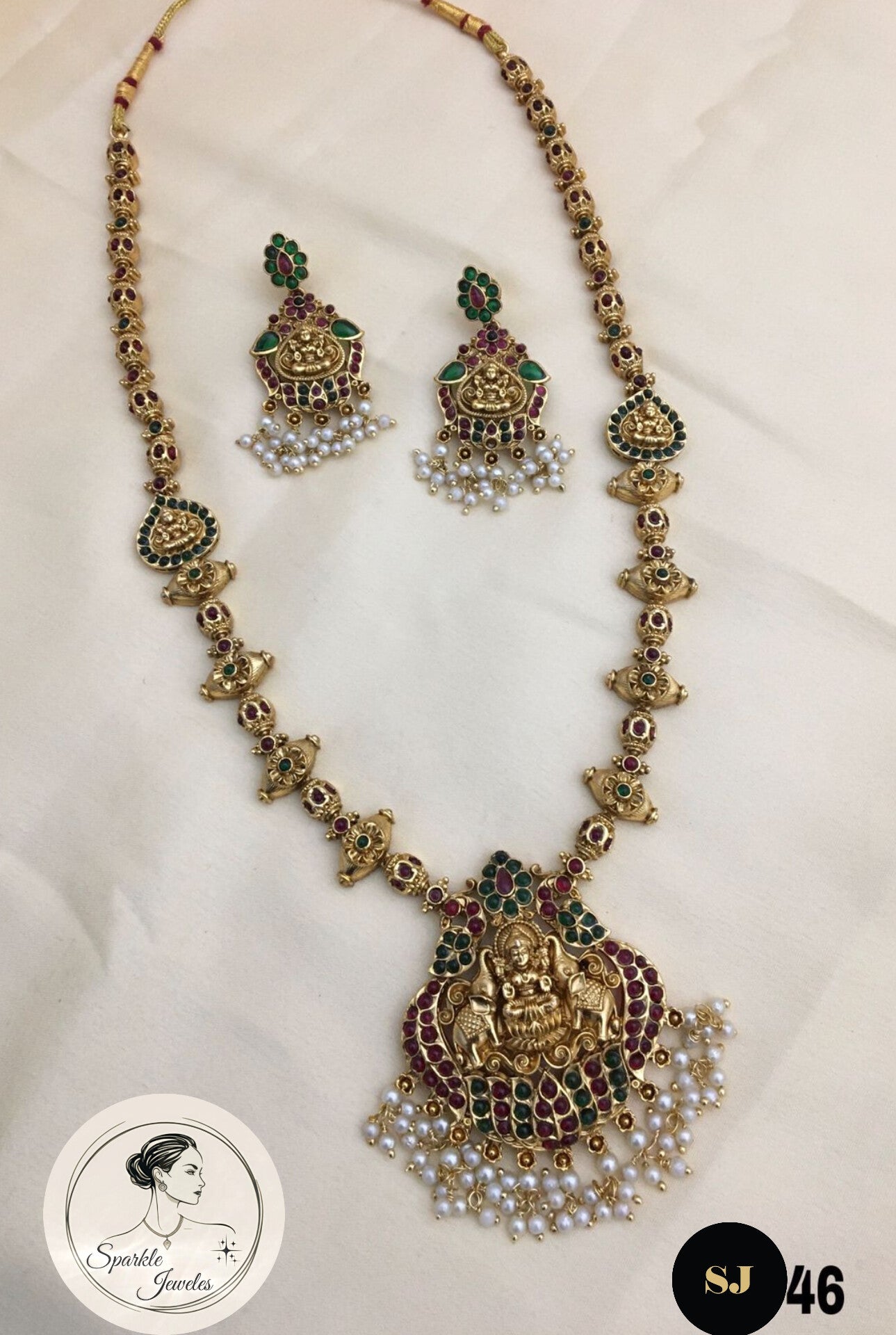 Matte Gold Plated Kemp Stone Long Necklace Set with Pearl Drops | Traditional Indian Jewelry