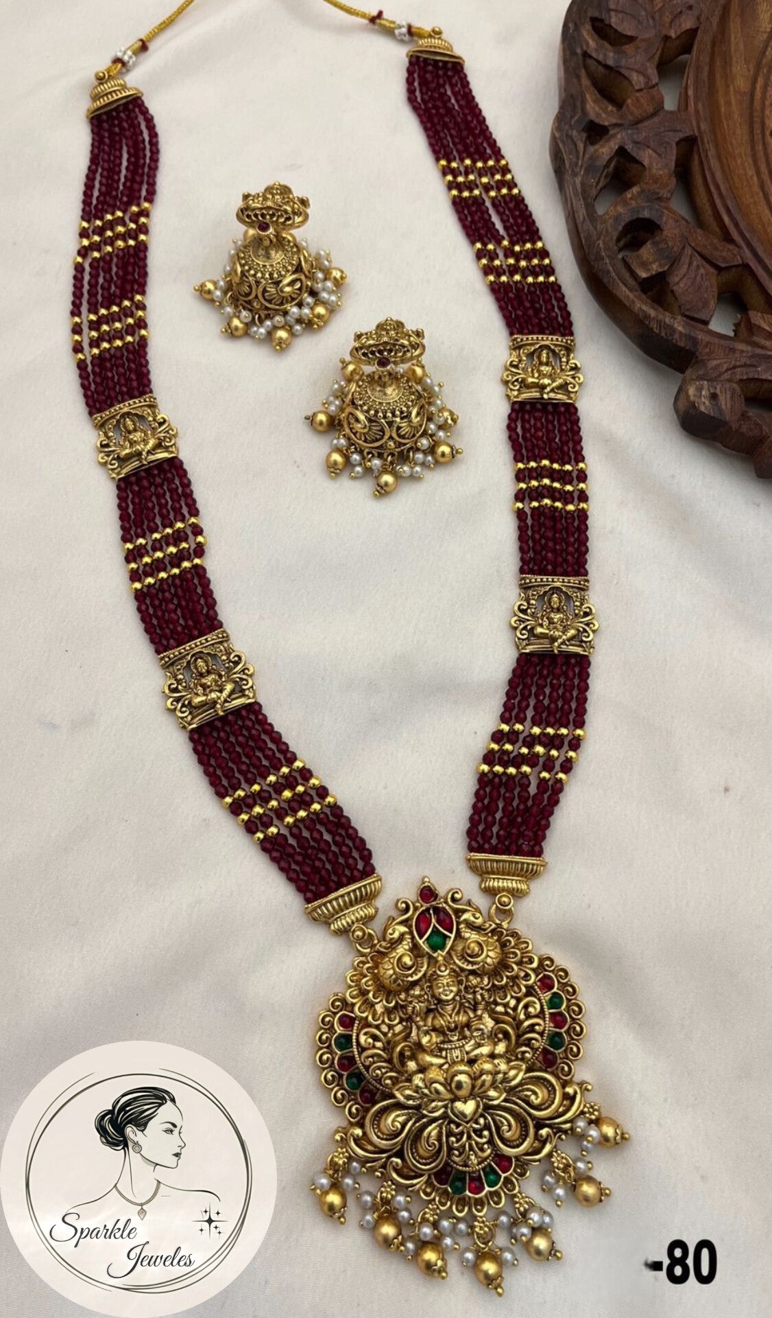 Ruby Read Antique Beads Lakshmi haram Set Premium Gold plated