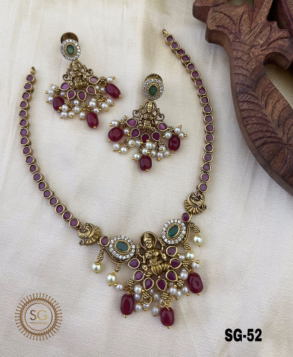 Pearl - Ruby & Green Stone Lakshmi Temple Jewellery Set