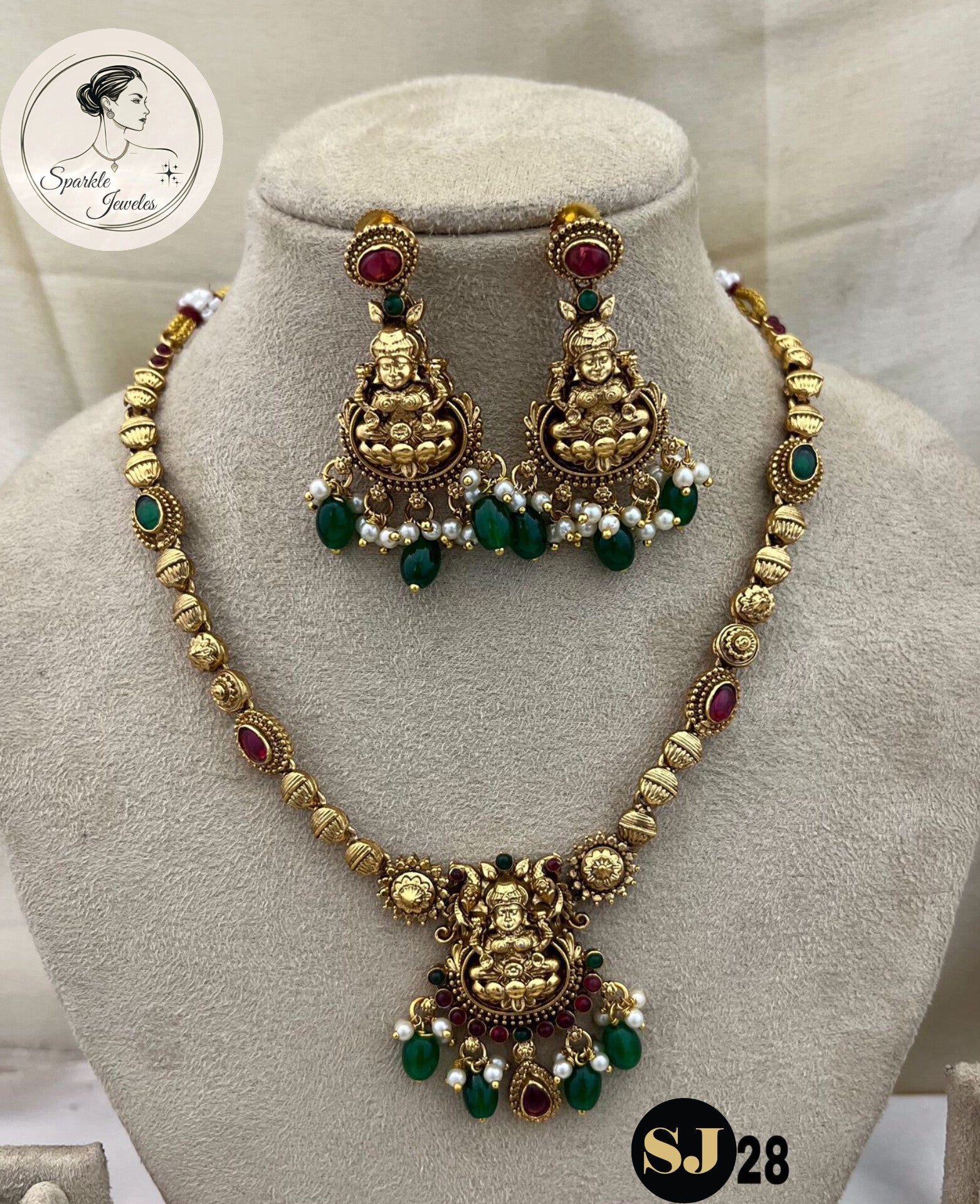 Matte Gold Lakshmi Kemp Stone Necklace Set (South Indian Style)