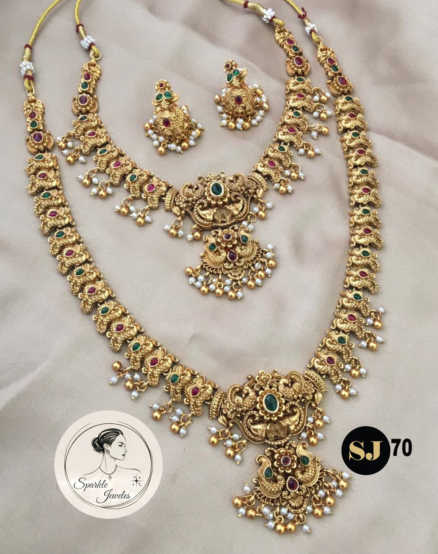 South Indian Mayil (Peacock) Kemp Stone Necklace Set | Antique Temple Jewellery Combo