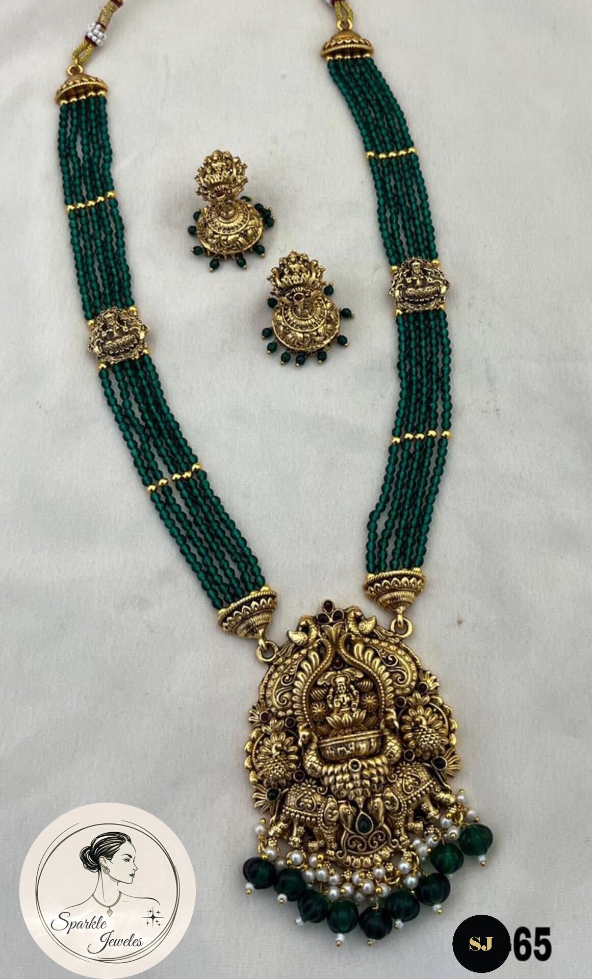Handcrafted Lakshmi Pendant Temple Set – Green Beaded Long Necklace by Sparkle Jeweles