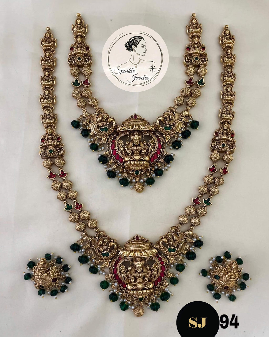 Antique Temple Jewelry Set – Lakshmi Design Gold Plated Necklace with Earrings | Sparkle Jewels SJ94